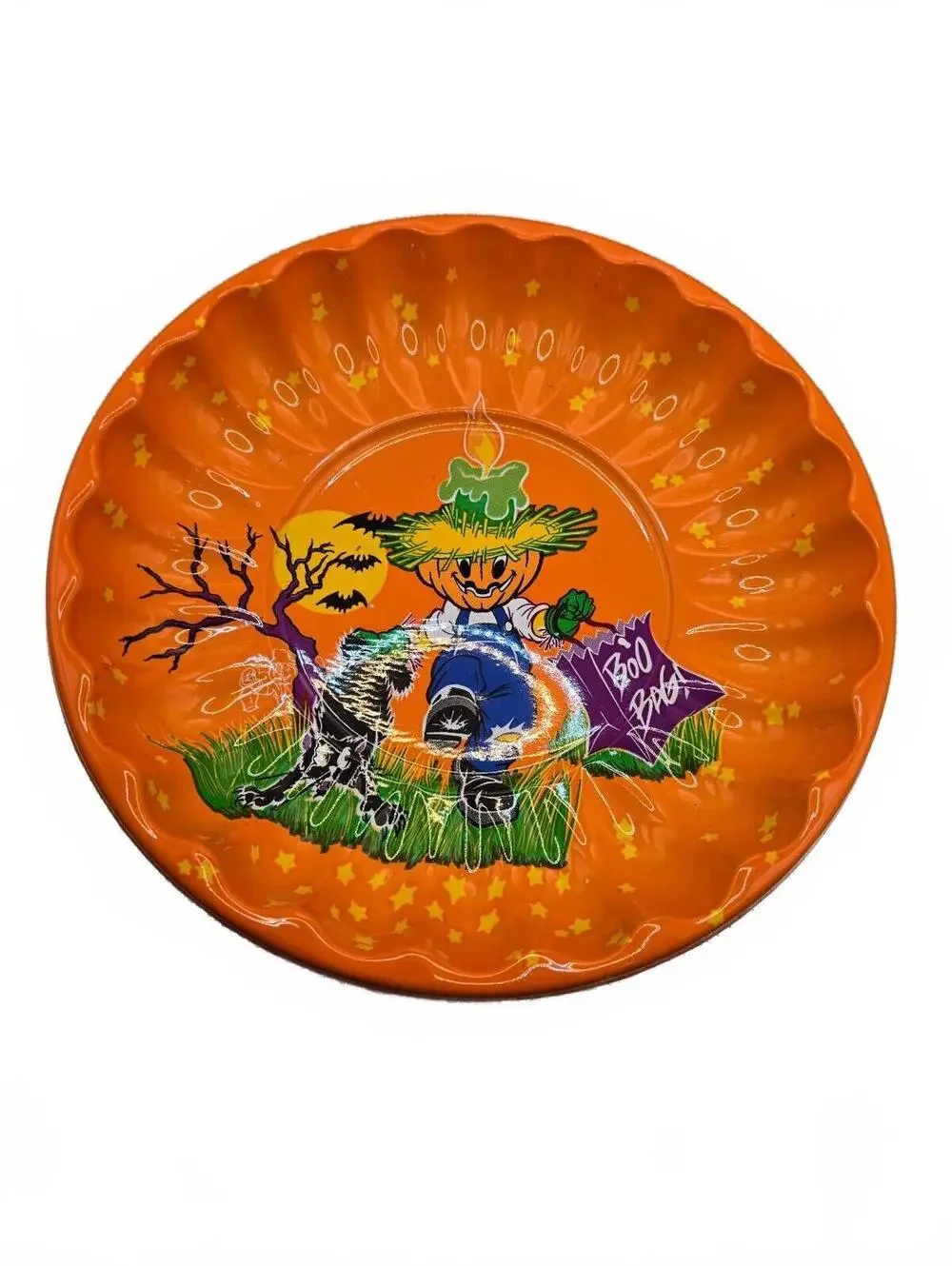 Vtg 90s Kmart Berman Halloween Plastic Treat Plate Orange Scarecrow Cat Boo Boo
